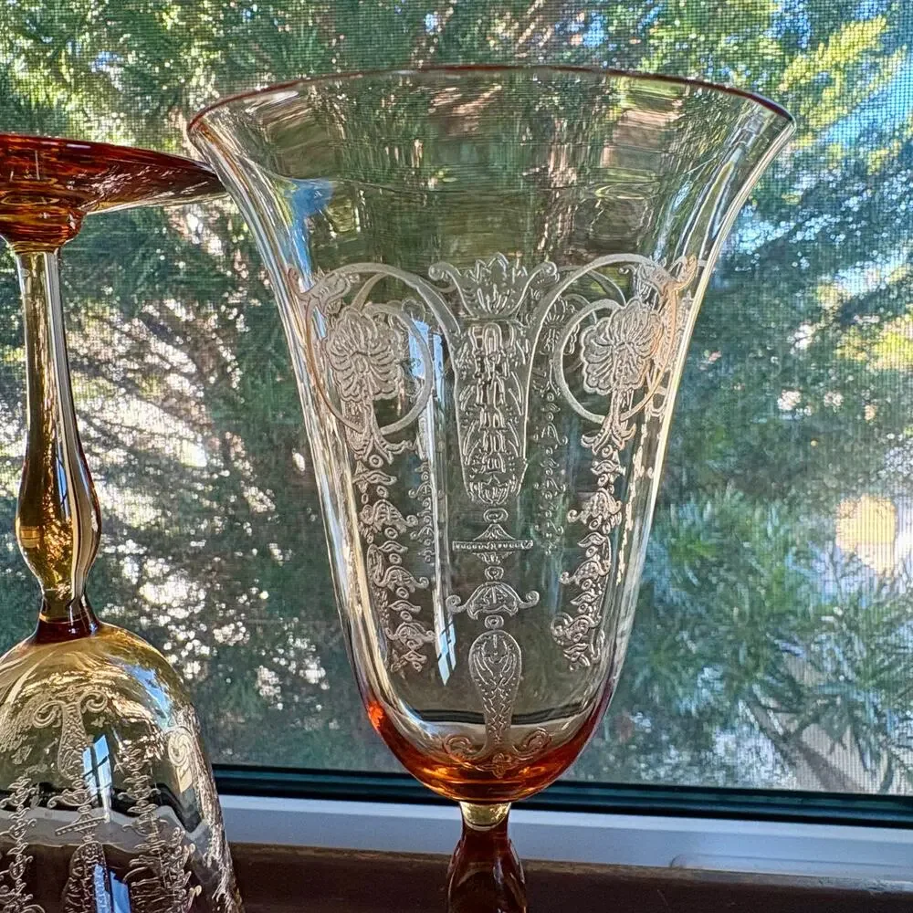 Set of 2 1940s Vintage Etched Amber Stem Wine Goblets Art Deco Glass UV Red Glow